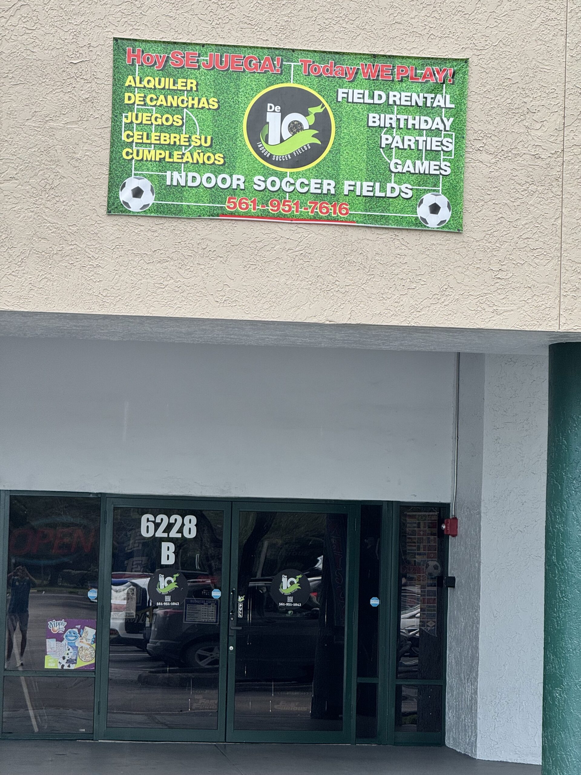 Entrance to De10 Indoor Soccer at 6228 South Congress Avenue in Lake Worth